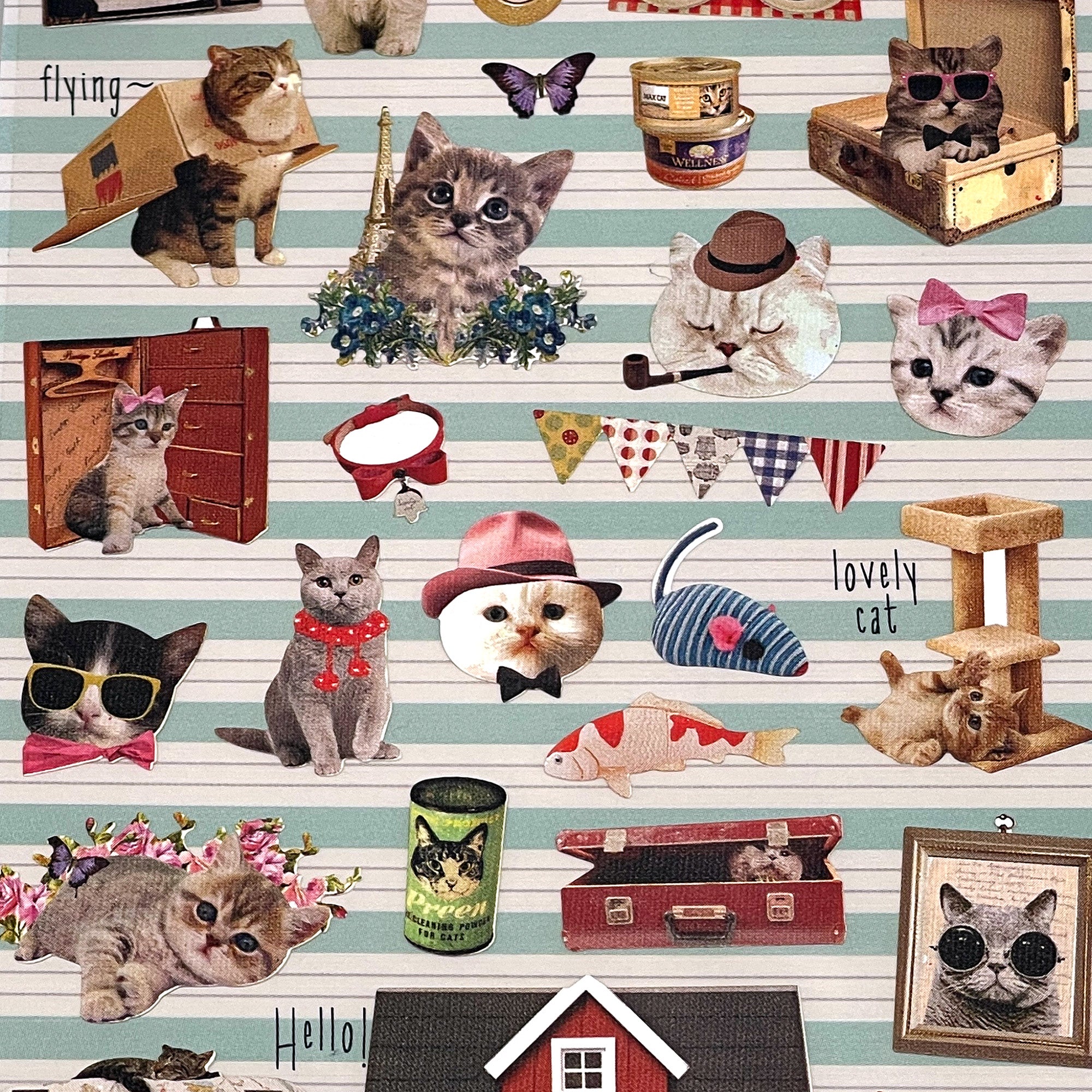 A sheet of various cat-themed stickers with different cats in each, some wearing accessories like hats and sunglasses, and doing different activities like flying a kite or sitting in a box.