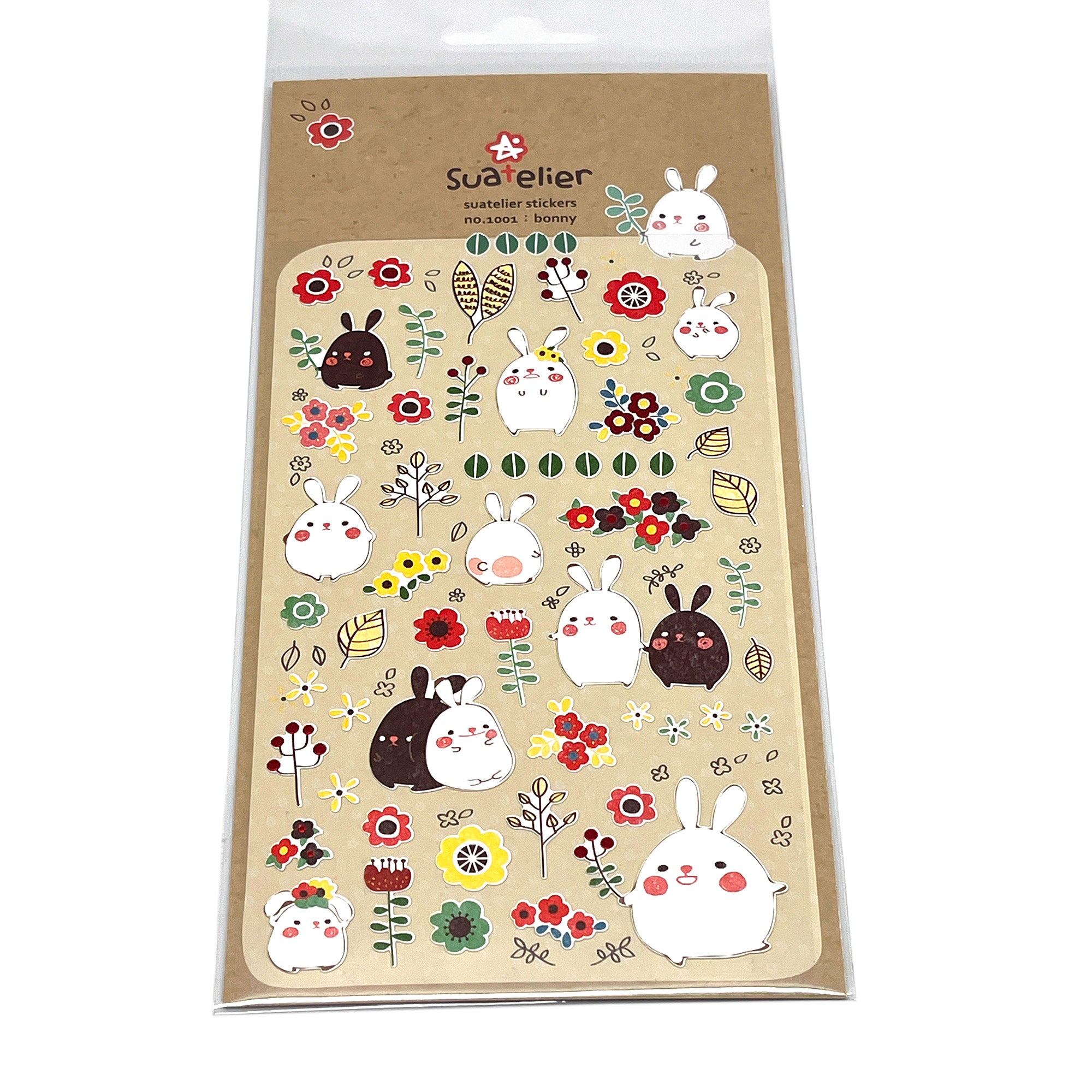 Sheet of cute stickers with adorable bunnies and flowers
