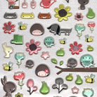 A sheet of various cute garden-themed stickers, including flowers, animals, and other decorative elements.