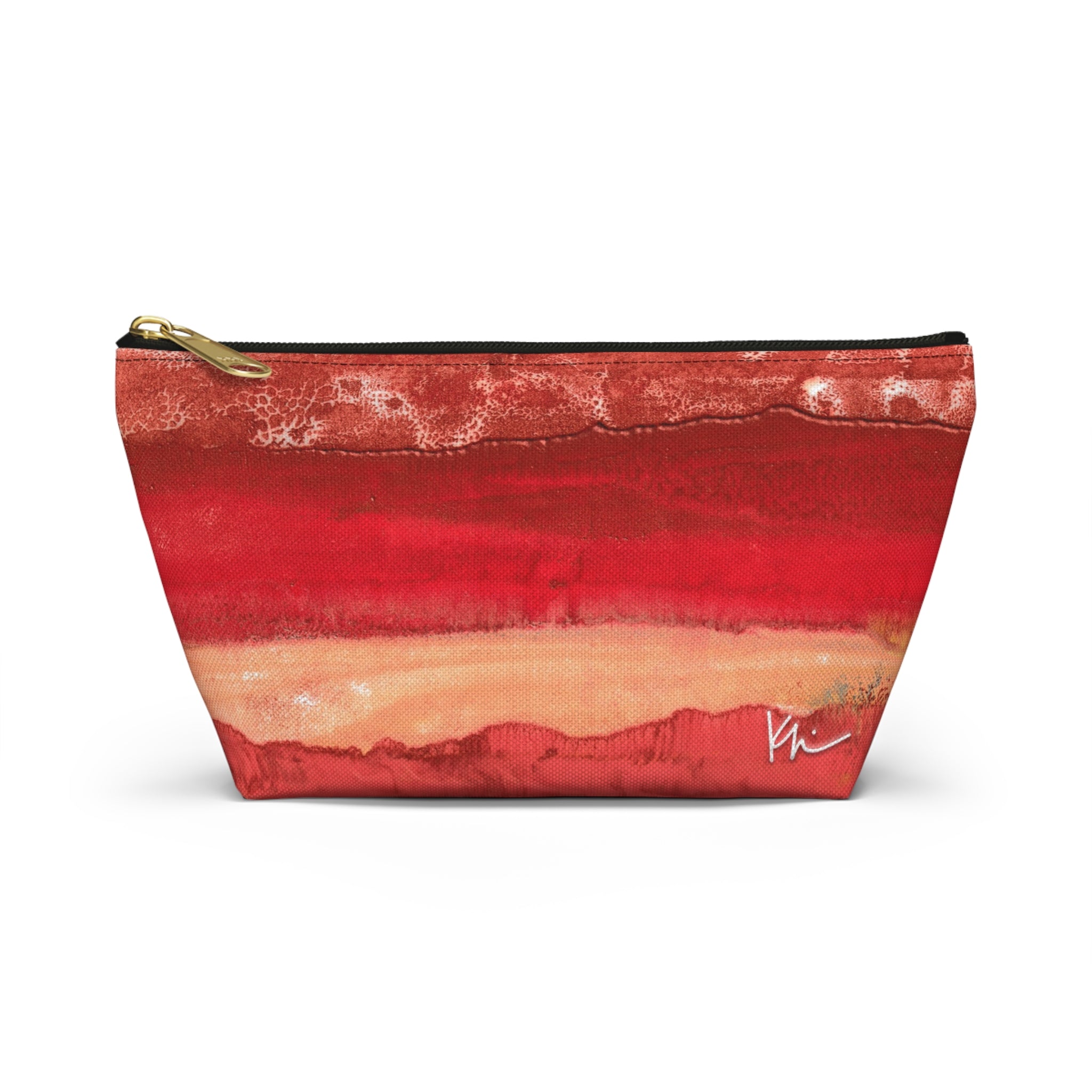 Art on the Go zipper pouch with abstract design with multiple colors, featuring a black zipper and a gold-tone hardware closure.