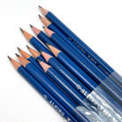 Set of 12 Triangular HB graphite pencils with blue finish in a clear cello bag on a white background.