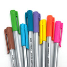 Set of triangular shape colorful roller ball ballpoint pens caps laying on a white background