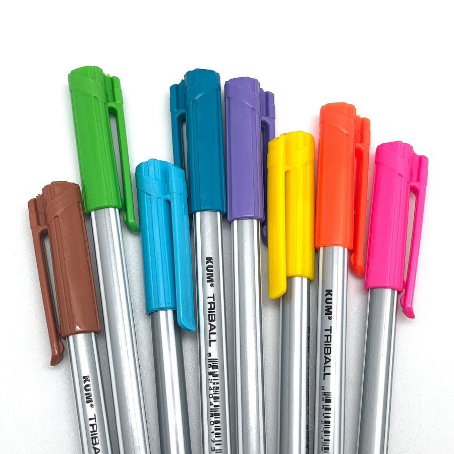 Set of triangular shape colorful roller ball ballpoint pens caps laying on a white background