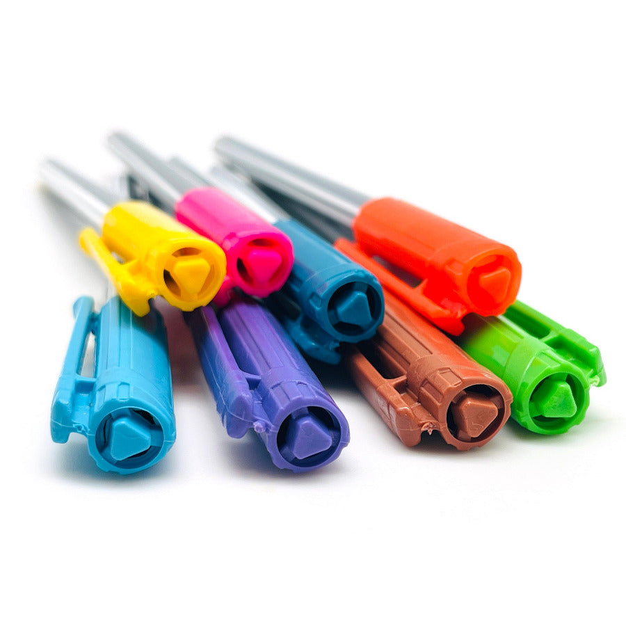Set of triangular shape colorful rollerball ballpoint pens caps on a white background