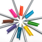Set of triangular shape colorful rollerball ballpoint pens with their caps on a white background