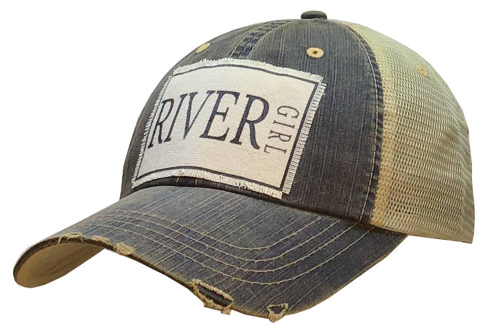 Baseball cap with 'River Girl' patch on a white background