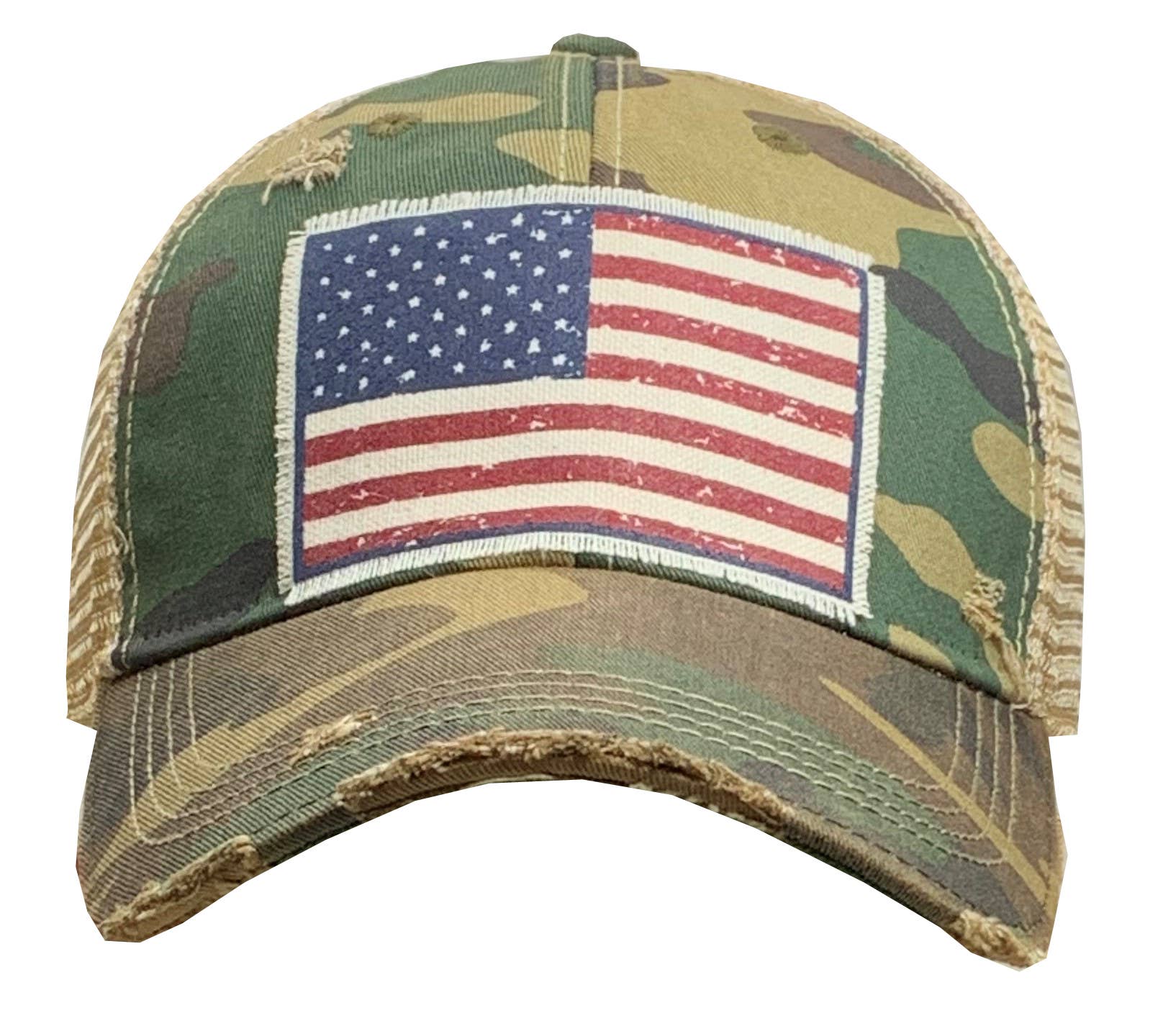 Camouflage cap with American flag patch on a white background