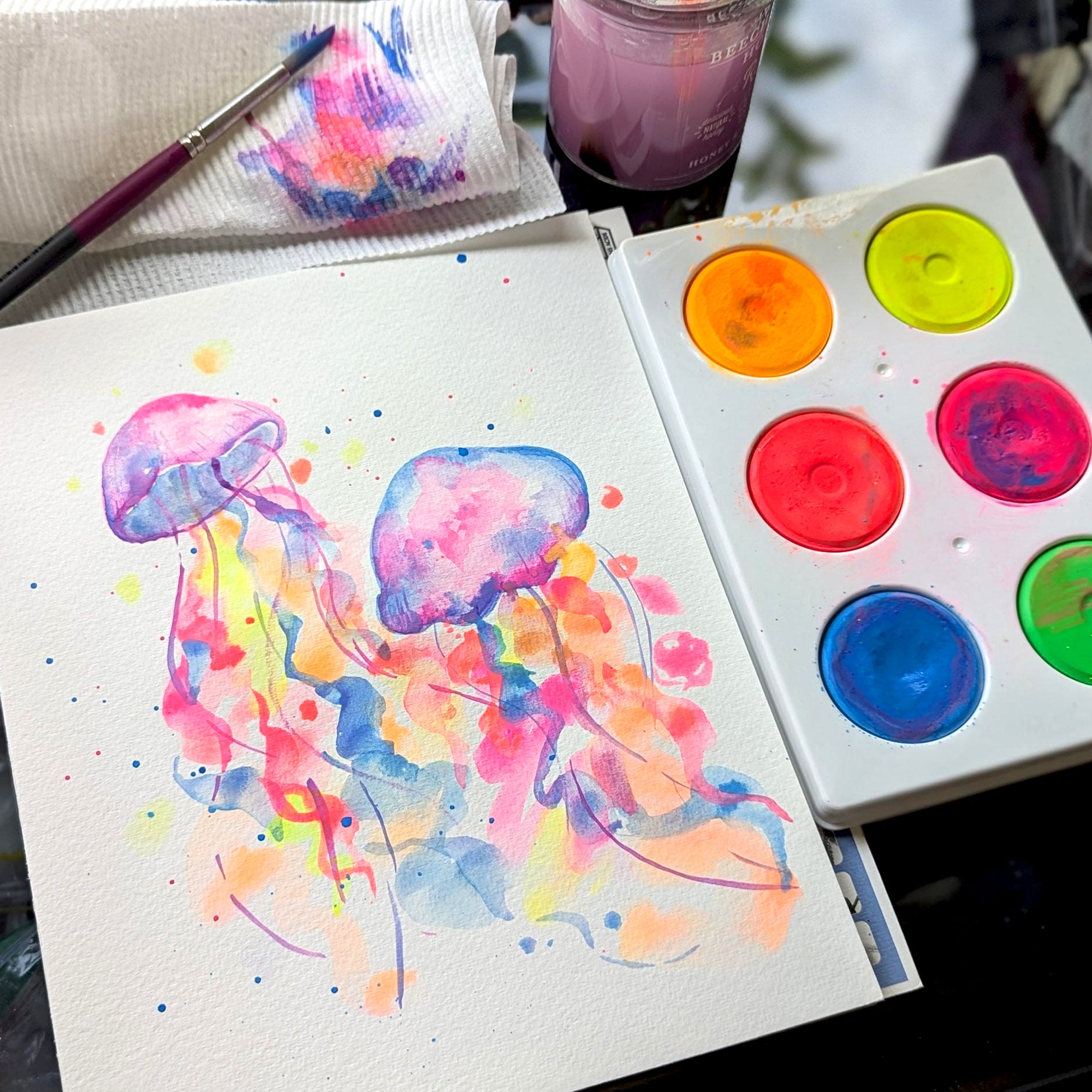 bright neon tempera paints with jellyfish painting