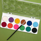 A watercolor paint palette with bright round pans of color and a paintbrush, placed on a green background.