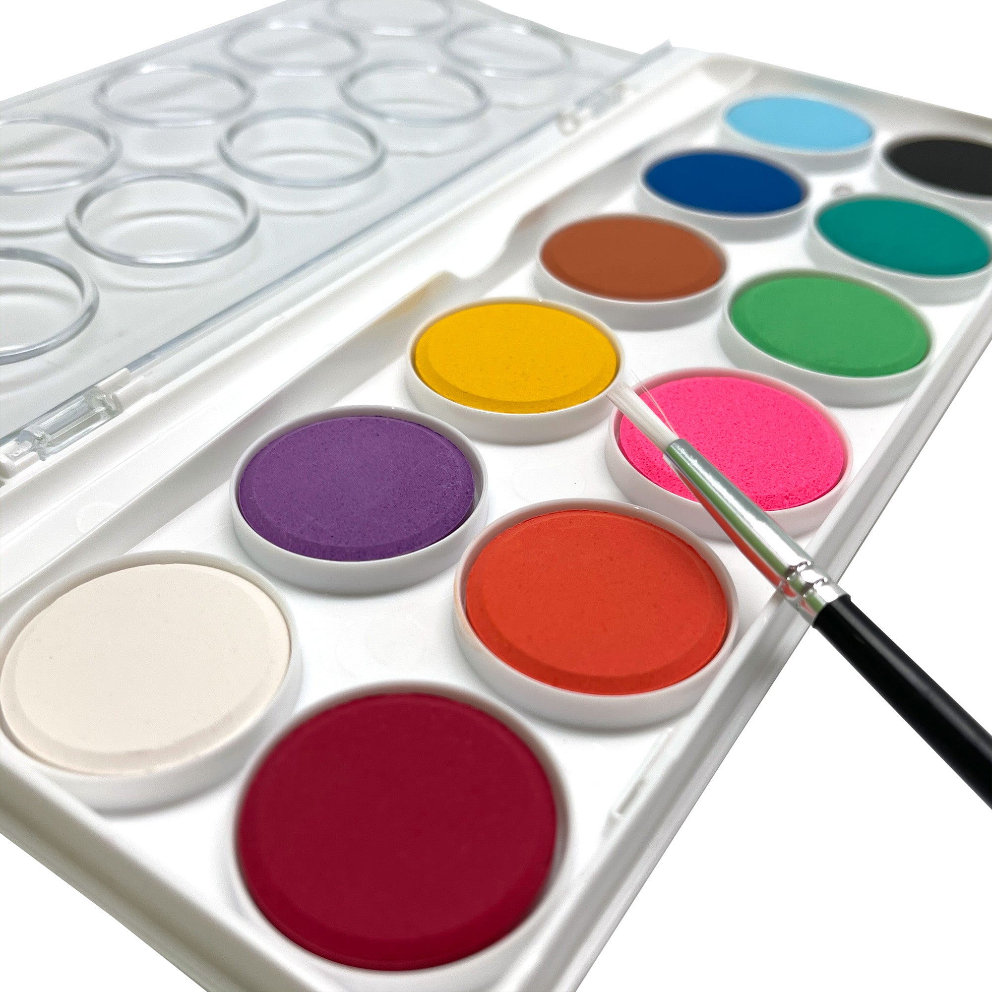 A watercolor paint palette with various colors including blue, green, yellow, purple, red, and white, with a paintbrush on the side.