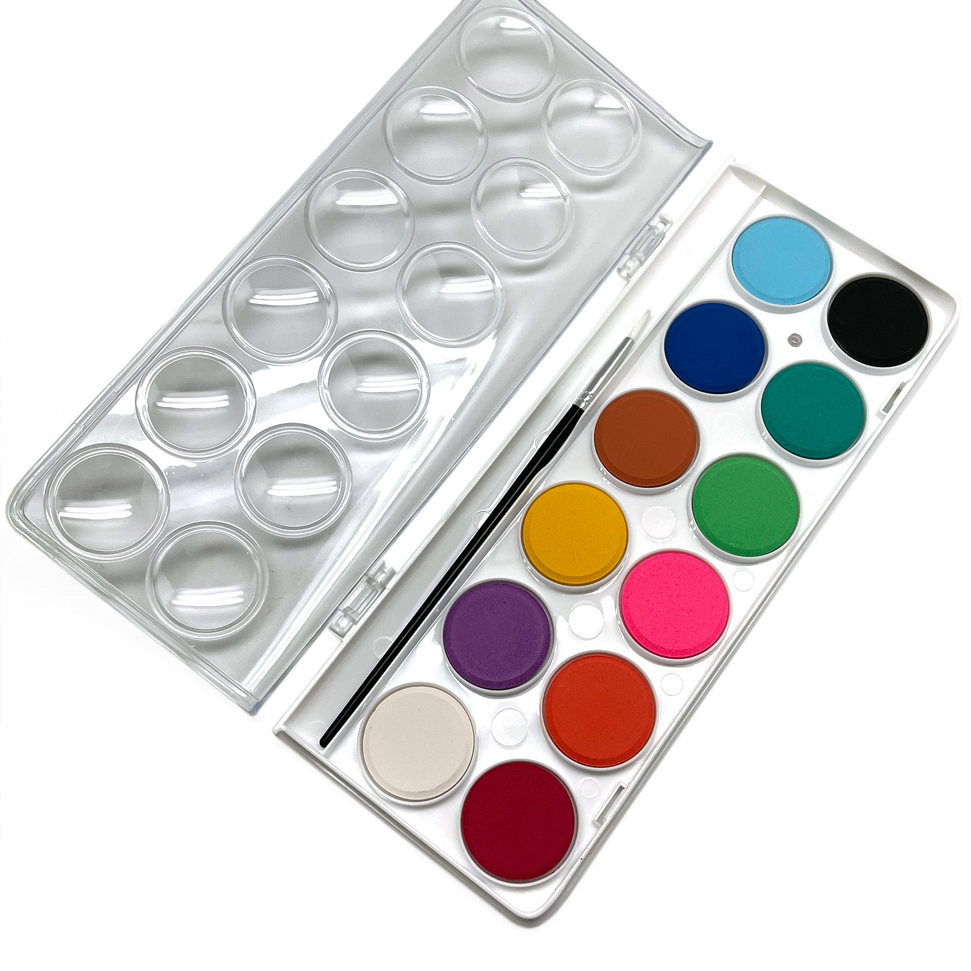 A watercolor paint palette with various colors including blue, green, yellow, purple, red, and white, with a paintbrush on the side.