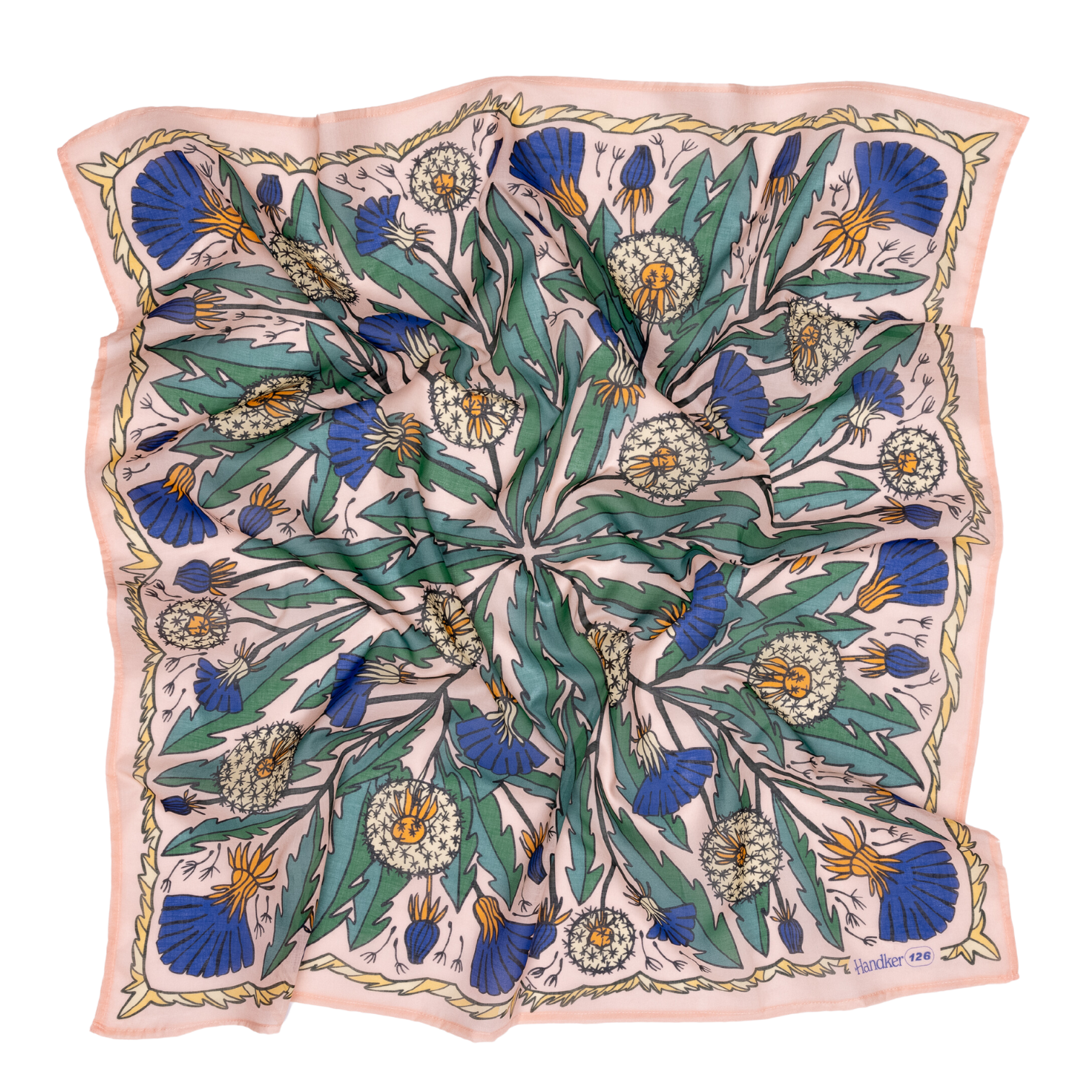Dandelion flower pattern wild rag scarf with blue and green design on a pink background
