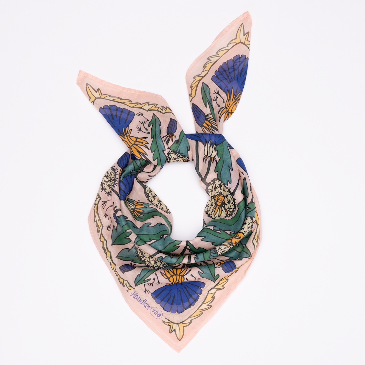 Wild rag decorative scarf with dandelion floral pattern on a white background