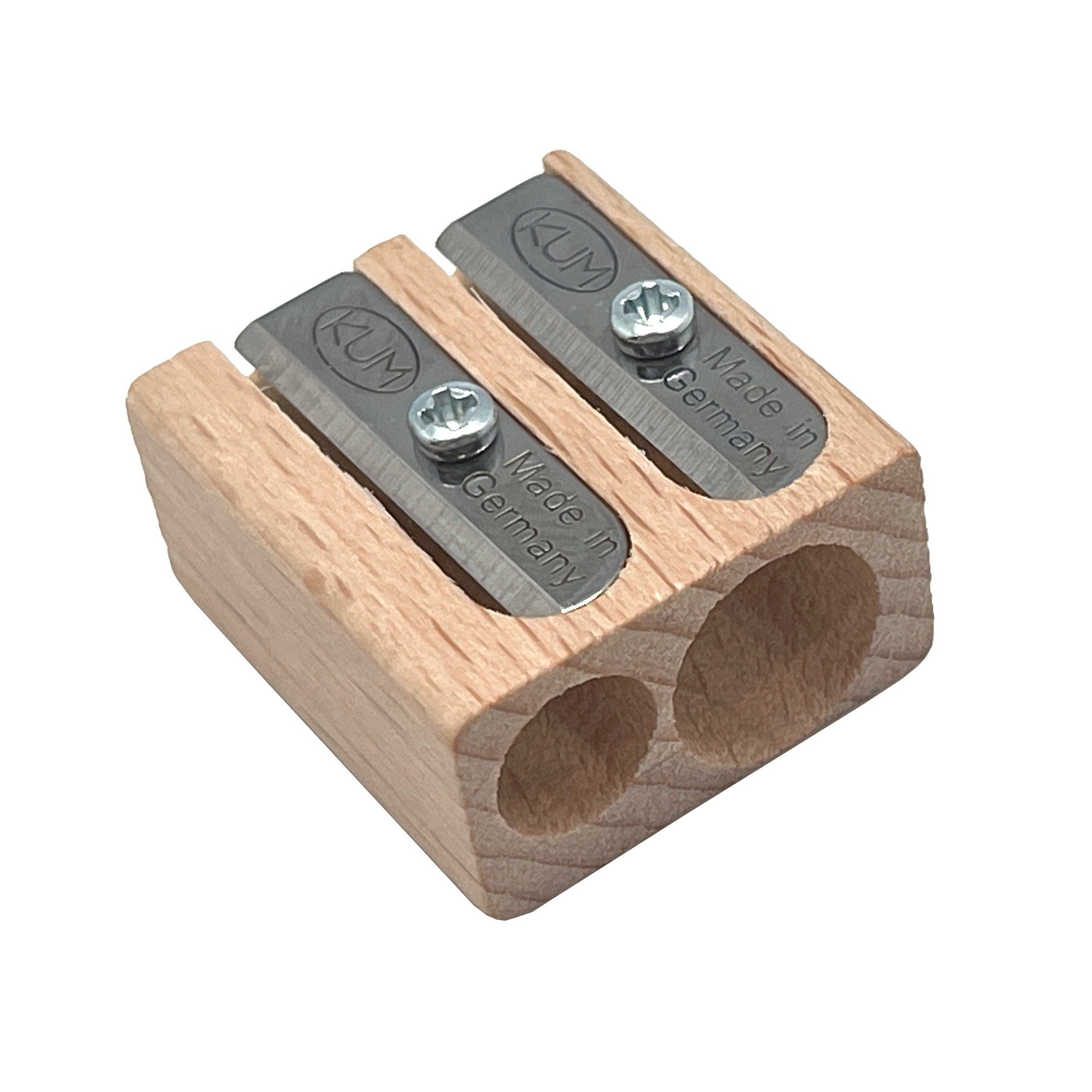 Wooden pencil sharpener with two metal blades on a white background