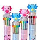 Four colorful retractable ballpoint pens with axolotl tops on a white background