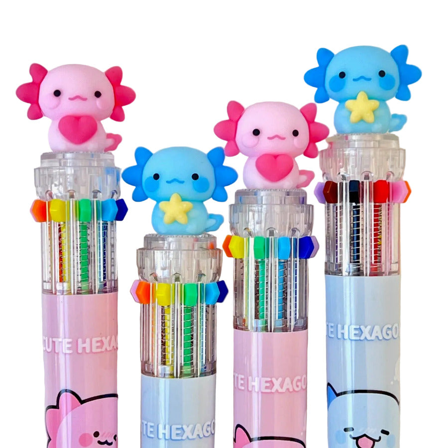 Four colorful retractable ballpoint pens with axolotl tops on a white background