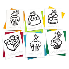 Load image into Gallery viewer, Coloring cards with cute kawaii style cakes and cupcakes to make your own birthday cards
