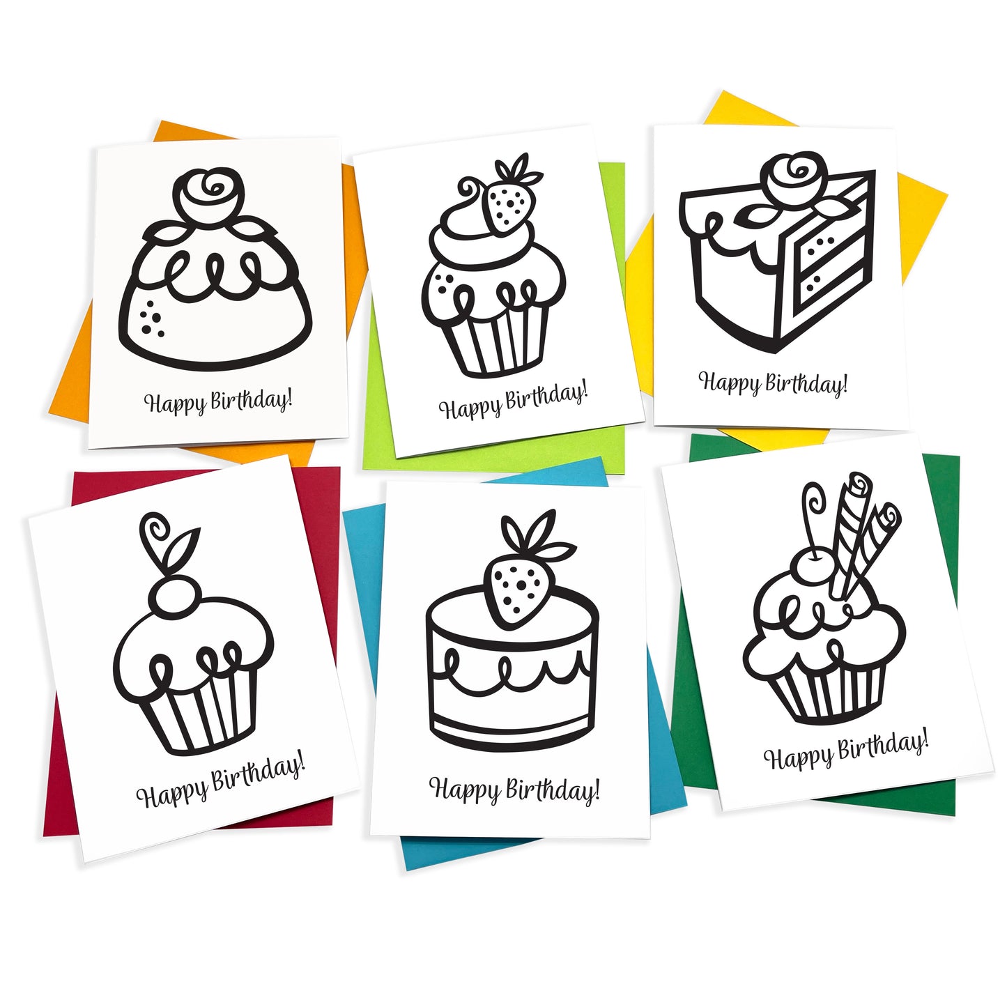 Coloring cards with cute kawaii style cakes and cupcakes to make your own birthday cards