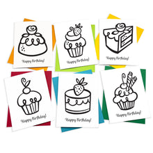 Load image into Gallery viewer, Coloring cards with cute kawaii style cakes and cupcakes to make your own birthday cards
