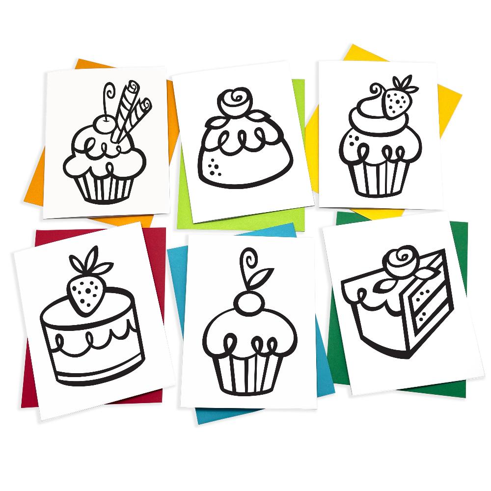 Coloring cards with cute kawaii style cakes and cupcakes to make your own birthday cards