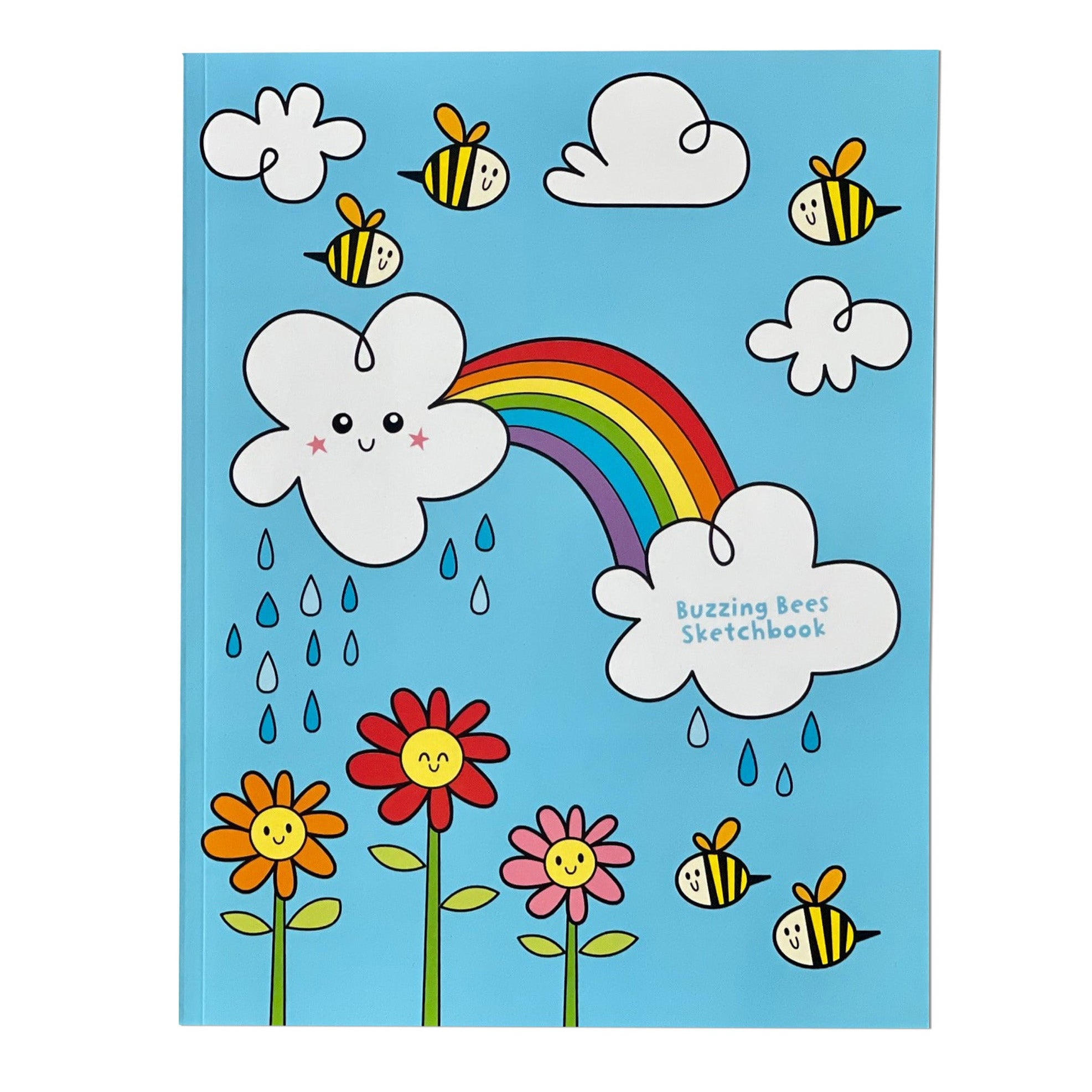 Children's sketchbook with a colorful design of a cloud, rainbow, flowers, and bees on a blue background.