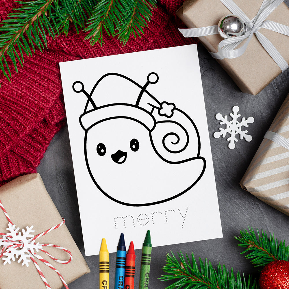 Cute Kawaii stationery cards for kids to color with adorable Christmas snails