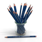 A group of blue Alpino Tri graphite pencils arranged in a small clear glass jar, with one pencil placed horizontally in front on a white background.