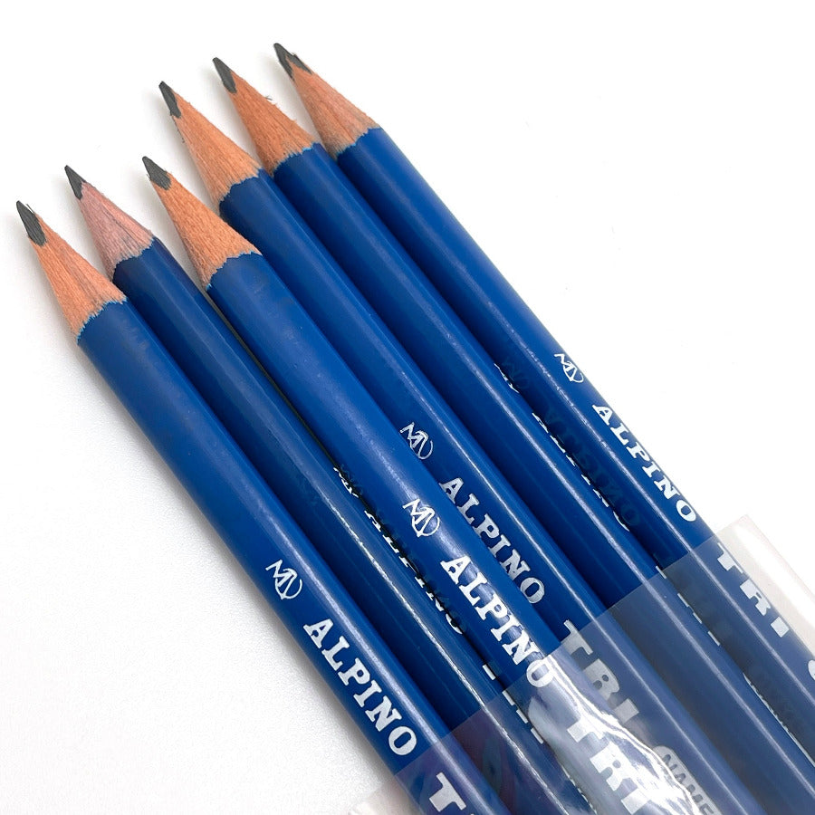 Six Alpino Tri graphite  pencils with blue barrels and exposed wood tips, arranged diagonally on a white background.