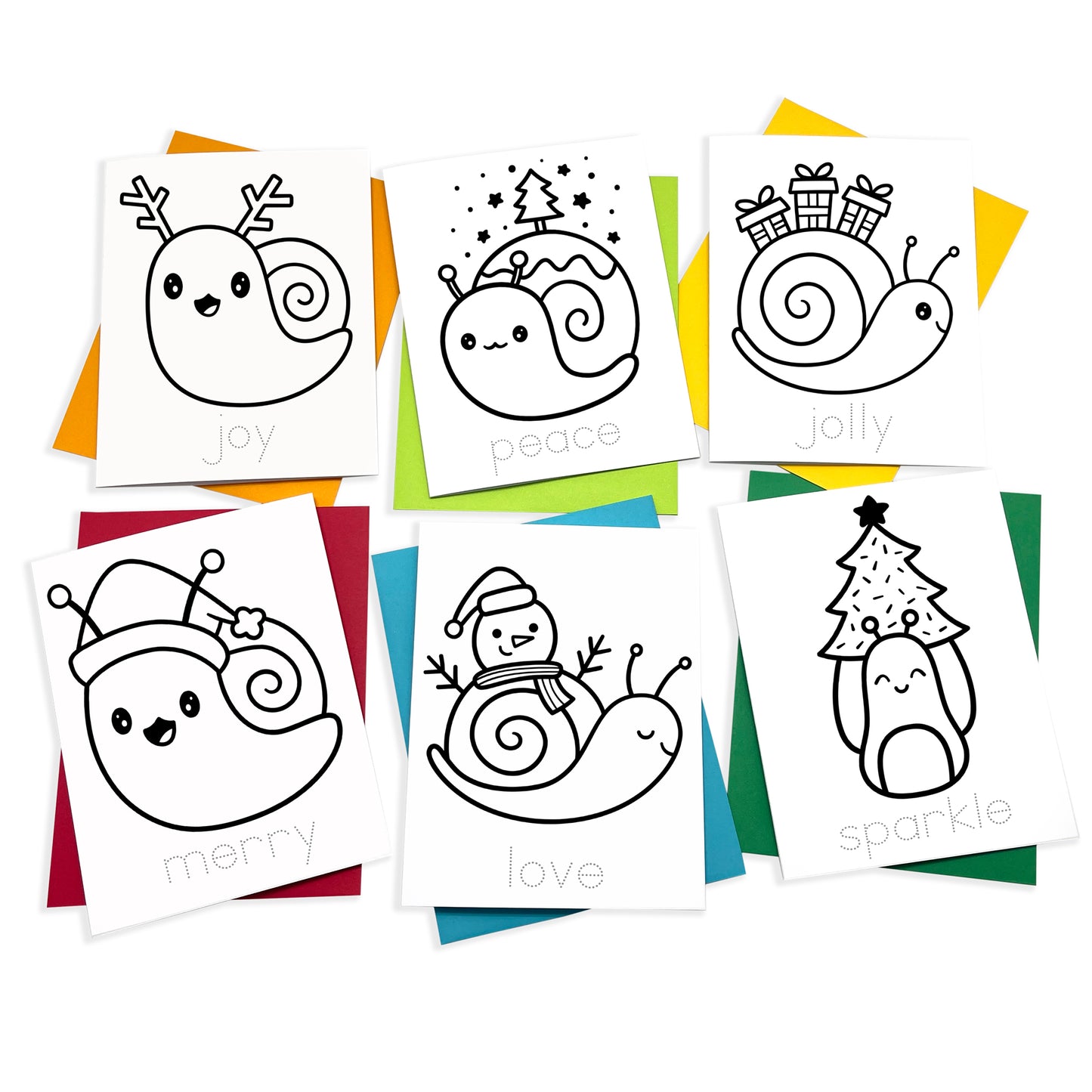 Cute Kawaii stationery cards for kids to color with adorable Christmas snails