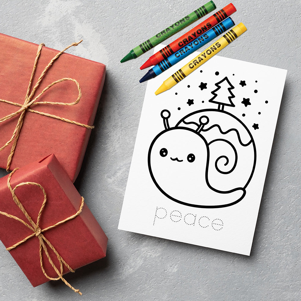 Christmas cards to color in. Cute Kawaii style Christmas snails with words to trace the letters and make your own Christmas cards.