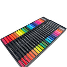 Box of 24 duo tip colorful fiber tip pens in a black box on a white background