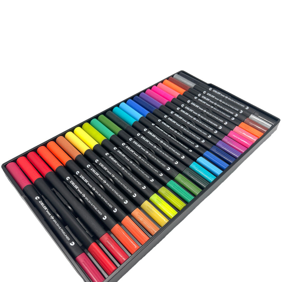 Box of 24 duo tip colorful fiber tip pens in a black box on a white background