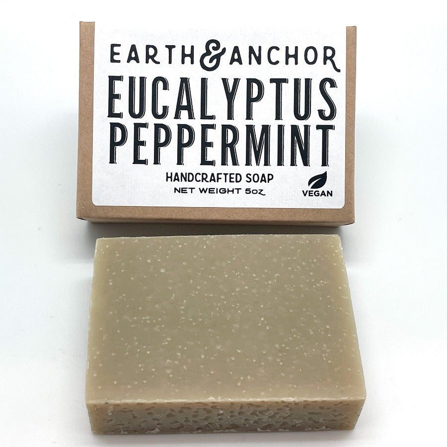 Earth & Anchor Eucalyptus Peppermint soap bar with packaging on a white background