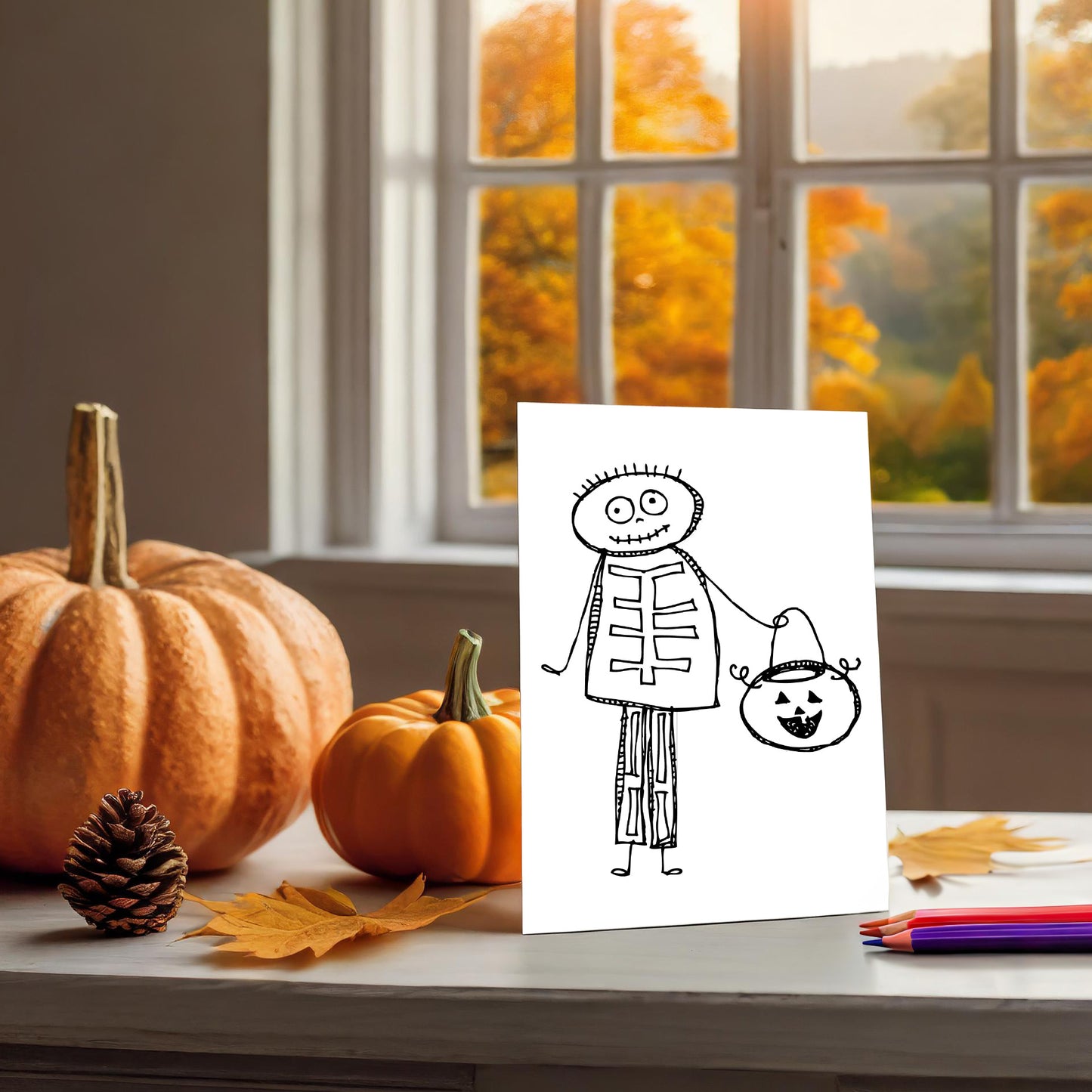 Halloween Coloring Cards Trick-or-Treat Friends