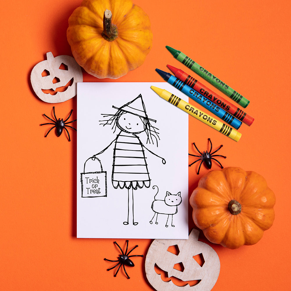 Halloween Coloring Cards Trick-or-Treat Friends