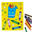 Colorful crayon illustrations on cover of with scattered crayons on a white background