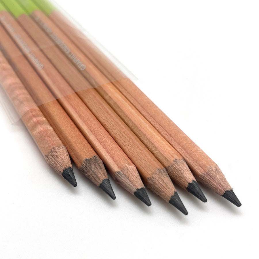 Set of 6 Jolly Kinderfest pencils with HB graphite (#2 pencils) for writing and drawing. The photo shows the detail of the thick, break resistant, pencil leads. The pencils are packaged in a clear cello bag and set against a white background