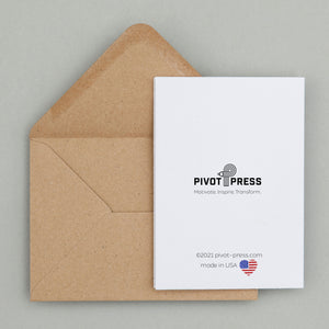 Photo of the backside of the card with Pivot Press logo. Stationery set of 6 motivational notecards with inspirational phrases that will appeal to fitness enthusiasts and followers of the 75Hard program, crossfit, rucking lifestyle.