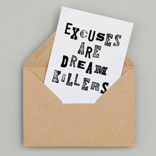 Load image into Gallery viewer, Stationery set of 6 motivational notecards with inspirational phrases that will appeal to fitness enthusiasts and followers of the 75Hard program, crossfit, rucking lifestyle. This card says, &quot;Excuses are dream killers.&quot;
