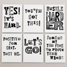 Load image into Gallery viewer, Stationery set of 6 motivational notecards with inspirational phrases that will appeal to fitness enthusiasts and followers of the 75Hard program, crossfit, rucking lifestyle. 

