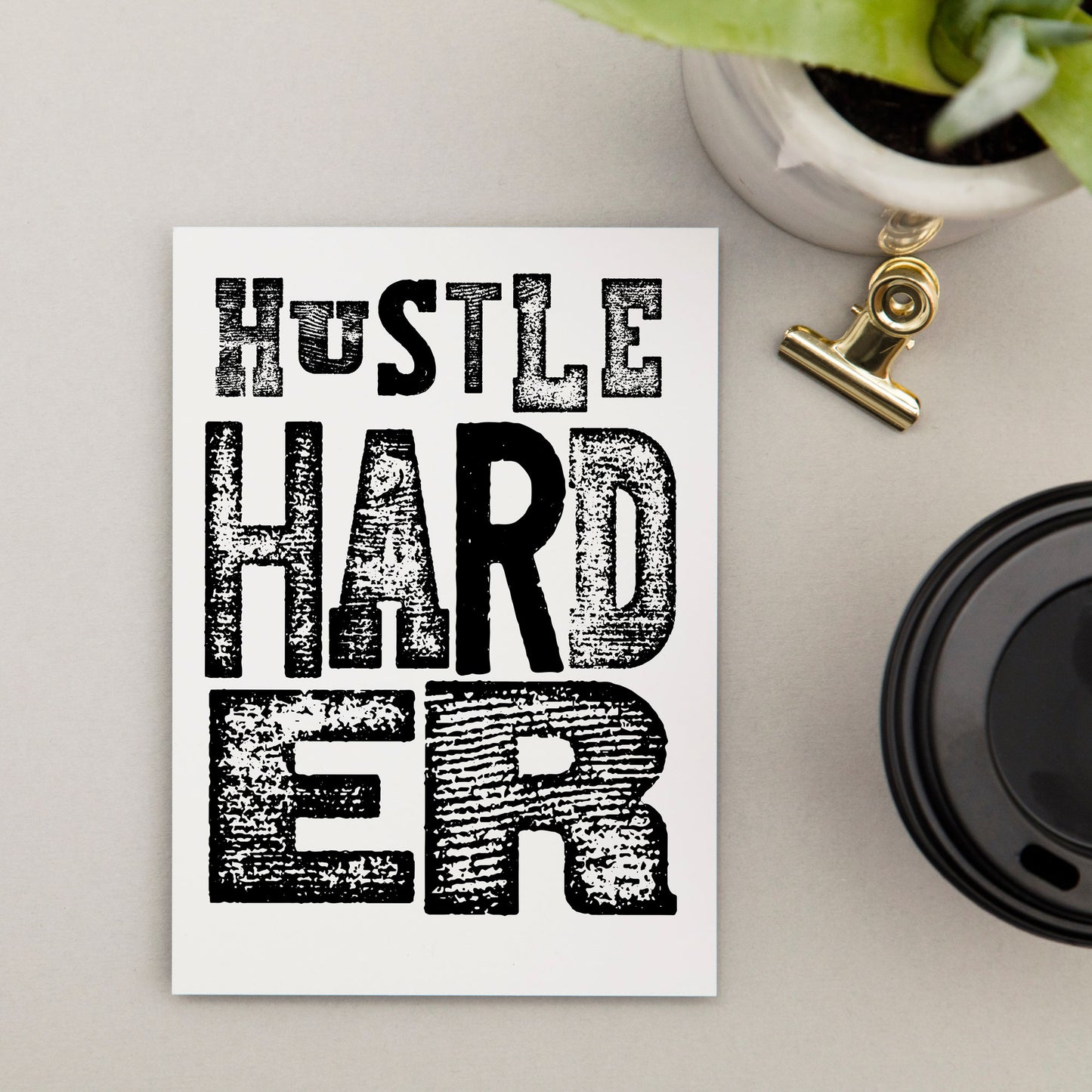 Stationery set of 6 motivational notecards with inspirational phrases that will appeal to fitness enthusiasts and followers of the 75Hard program, crossfit, rucking lifestyle. This cards says, "Hustle harder."