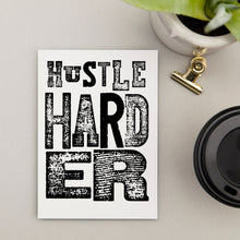 Load image into Gallery viewer, Stationery set of 6 motivational notecards with inspirational phrases that will appeal to fitness enthusiasts and followers of the 75Hard program, crossfit, rucking lifestyle. This cards says, &quot;Hustle harder.&quot;
