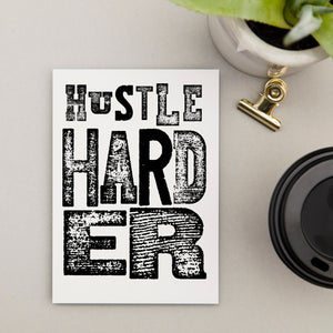 Stationery set of 6 motivational notecards with inspirational phrases that will appeal to fitness enthusiasts and followers of the 75Hard program, crossfit, rucking lifestyle. This cards says, "Hustle harder."