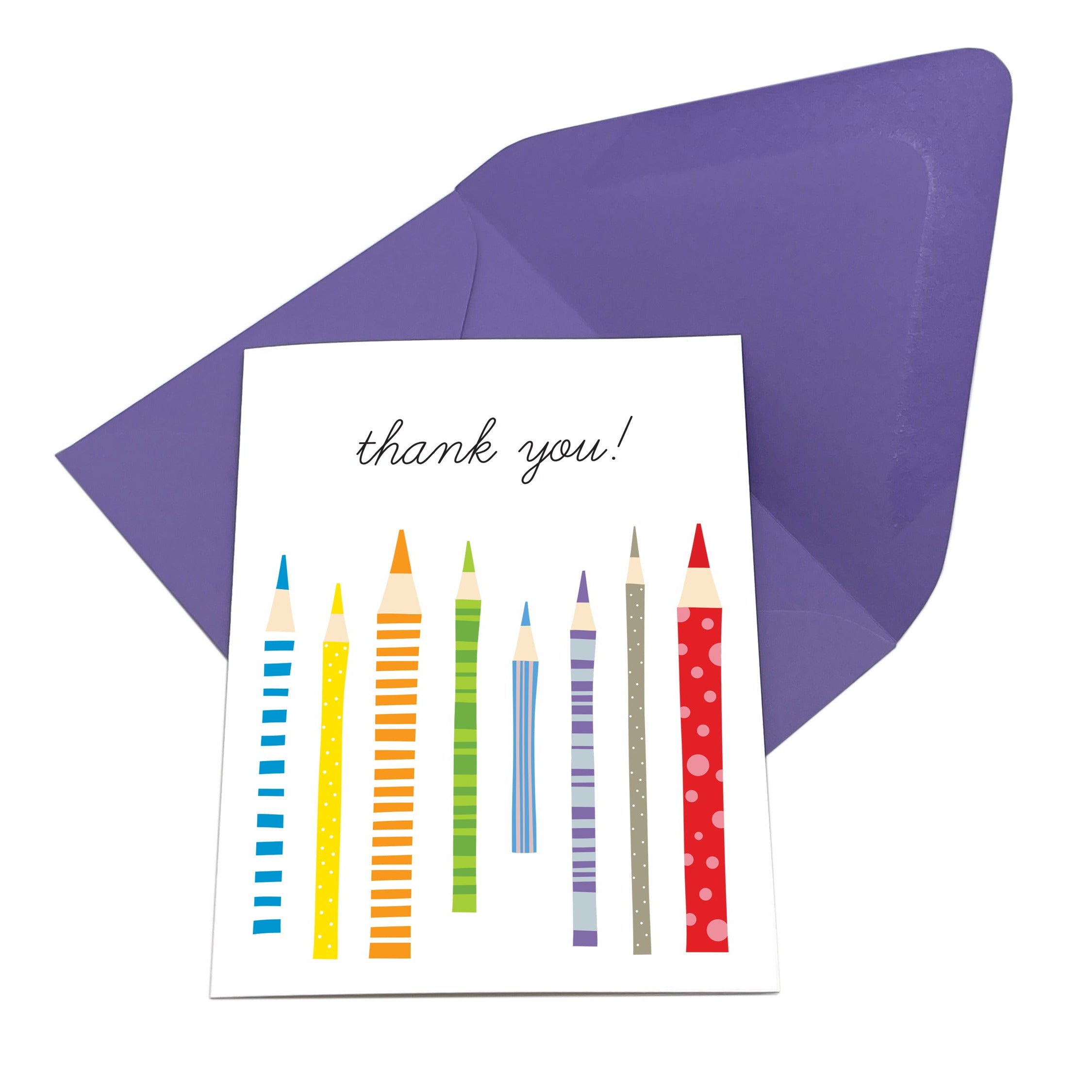 Greeting card with colorful pencils and 'thank you!' text, accompanied by a purple envelope on a white background.