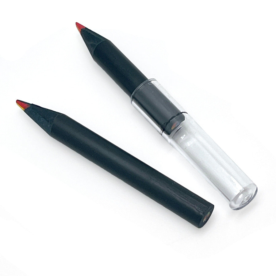 Two very stubby black wood rainbow pencils one has a clear plastic pencil extender and both show the multi-color rainbow tips on a plain white background.