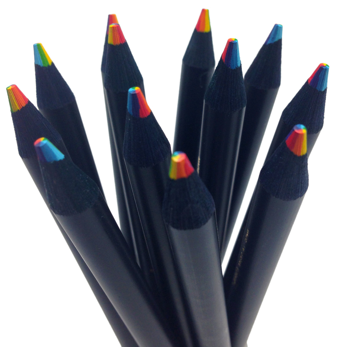 Black colored pencils with rainbow-tipped caps on a white background