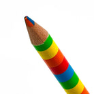 A close-up of a sharpened multi-color pencil with 4 colors in 1 (orange, green, red, blue) with rainbow-colored wood stripes, shown diagonally on a plain white background.