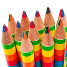 A group of sharpened multiolor rainbow pencils with rainbow-striped barrels and colorful tips showing the 4 colors in each pencil: blue, red, green orange, arranged on a plain white background.