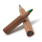 Two very stubby rainbow pencils crossed on a white background, showing natural cedar wood and muli-color tips with 7 colors in 1 pencil and the triangular shape barrel and the end grain.