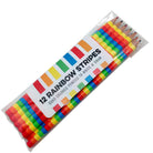 A pack of 12 rainbow-striped quad colored pencils in a clear cello sleeve with a white paper label that reads '12 RAINBOW STRIPES QUAD COLORED PENCILS TO WRITE & DRAW'.